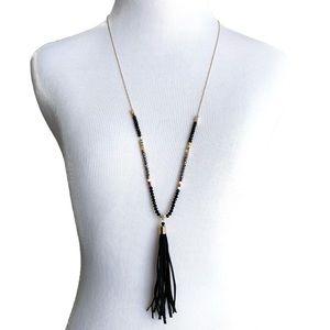 NWT Black & Gold Long Tassel Beaded Necklace